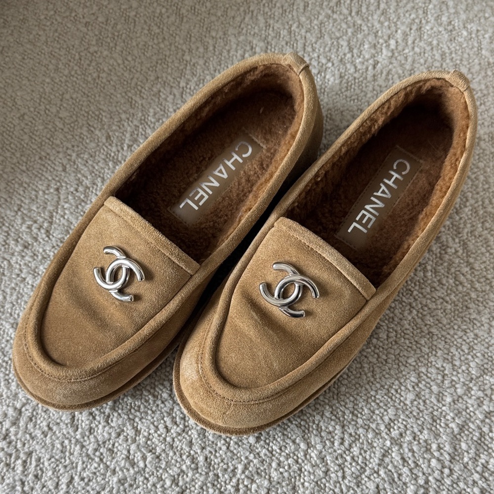 CHANEL Camel Loafers with Silver Emblem